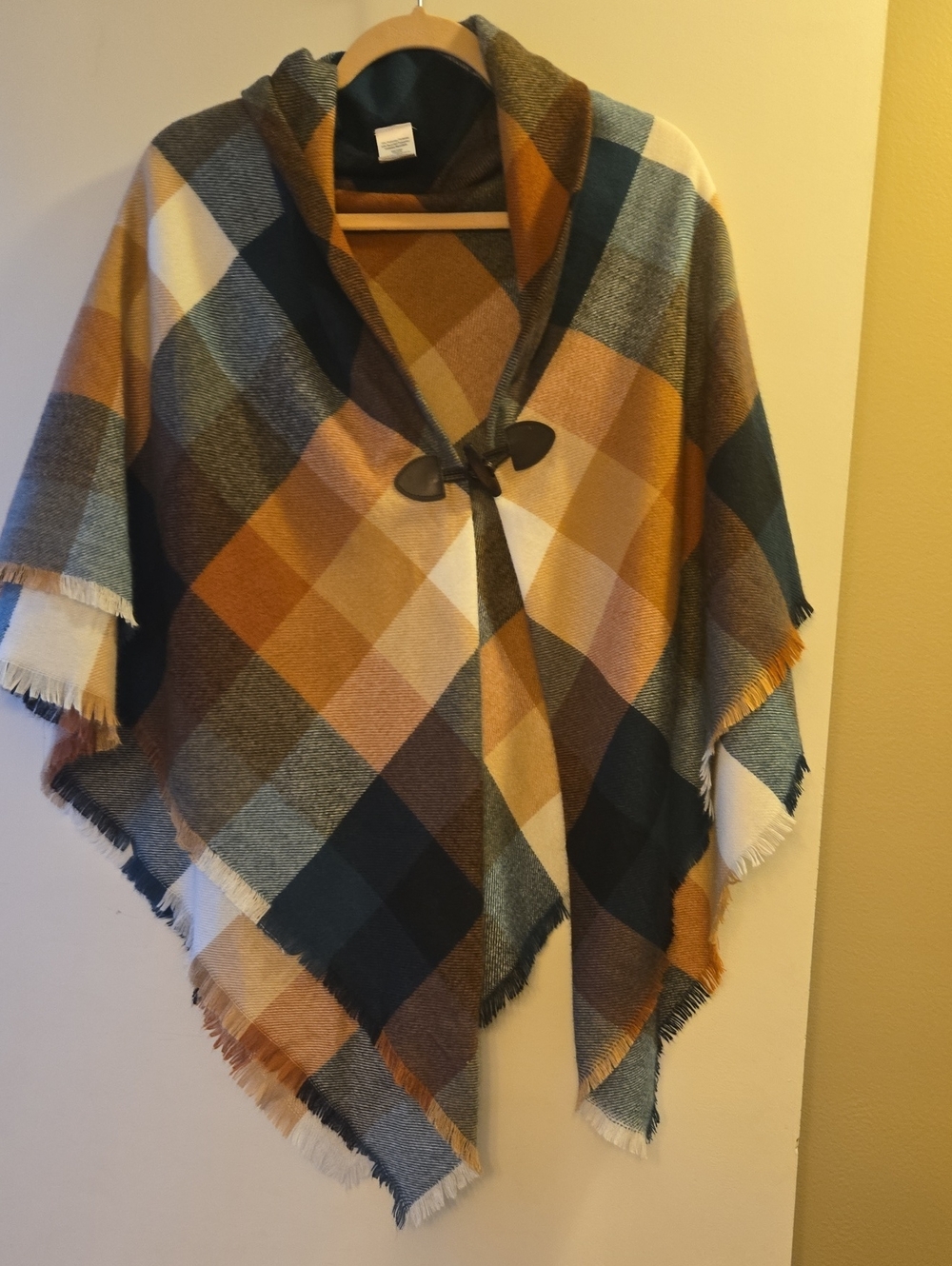 Plaid Hooded Shawl Wrap in Mustard and Navy - Unbranded